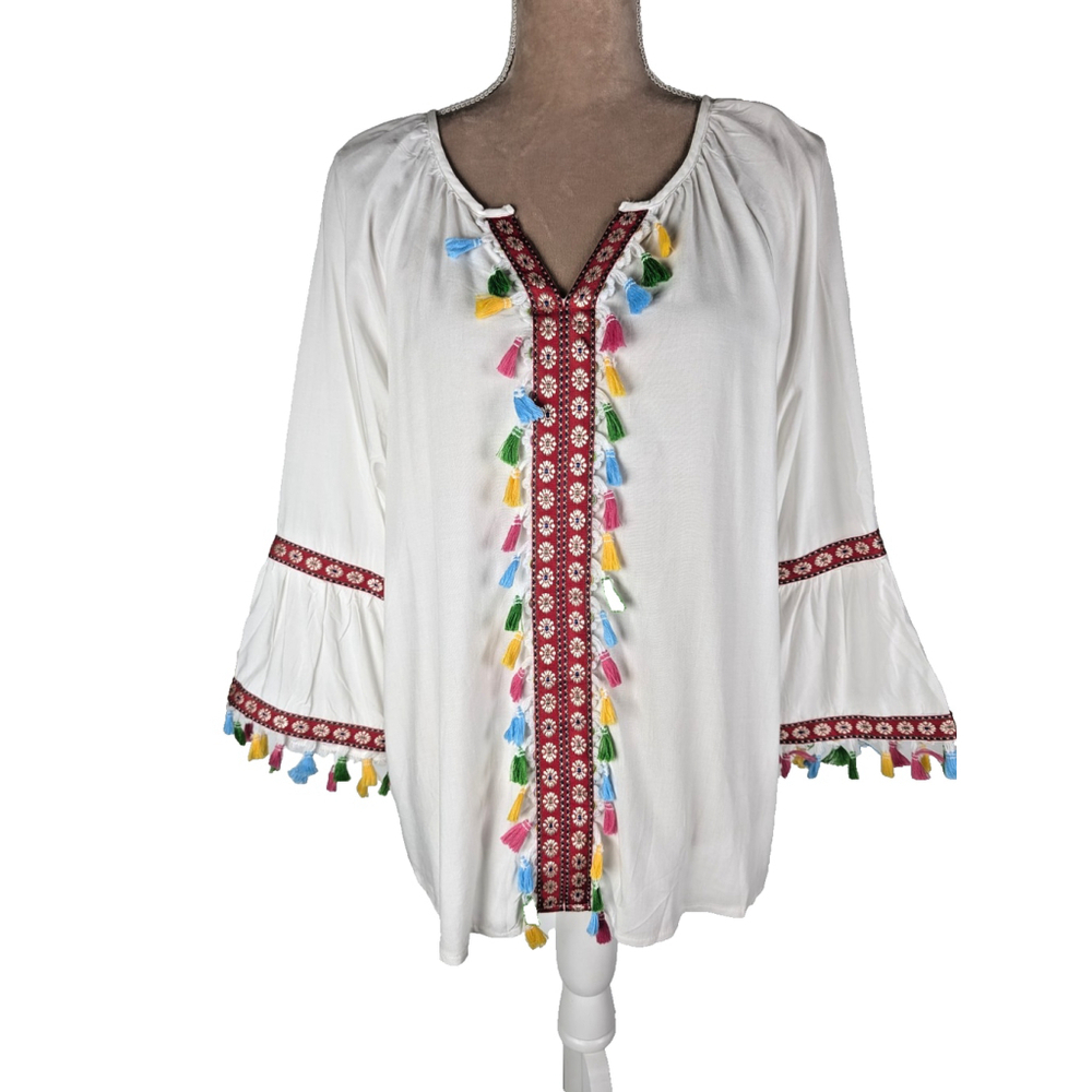 Anandas Collection Top XL Women White Embroidered Tassels Artsy Boho Festival